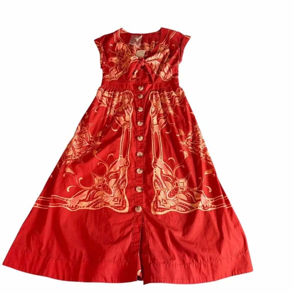 FREE PEOPLE RED ORANGE BOHO V-NECK BUTTON FRONT MIDI DRESS SIZE 0 NWT